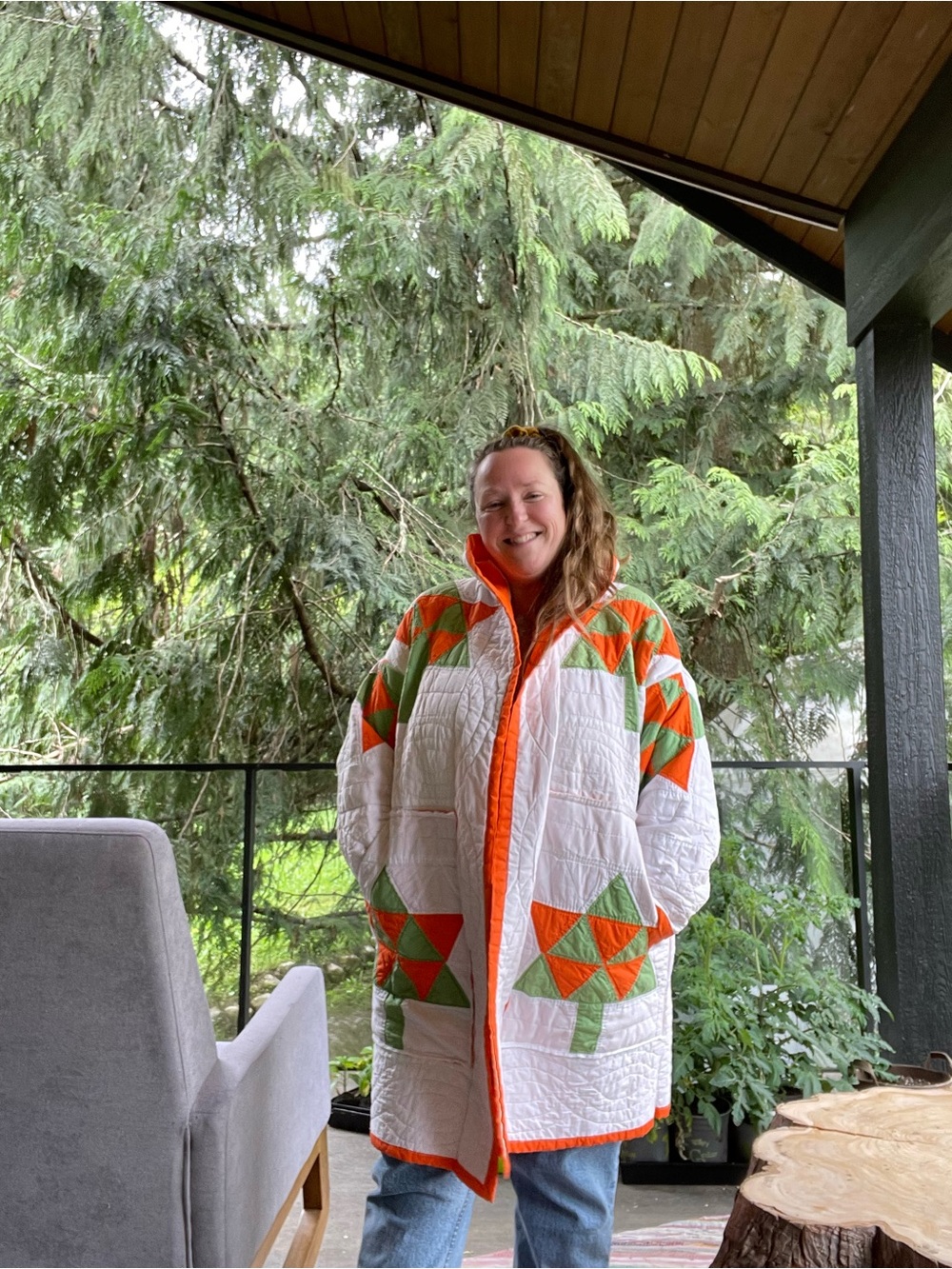 Handmade star/tree lightweight orange/green quilted jacket OS